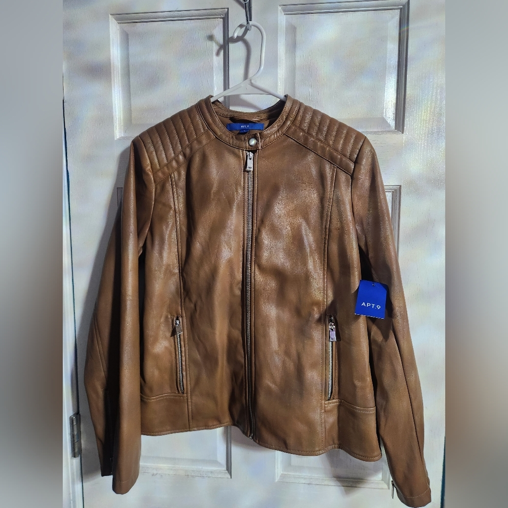 Motorcycle Faux Brown Leather Womens Coat Jacket - Size Large - NWT - APT 9